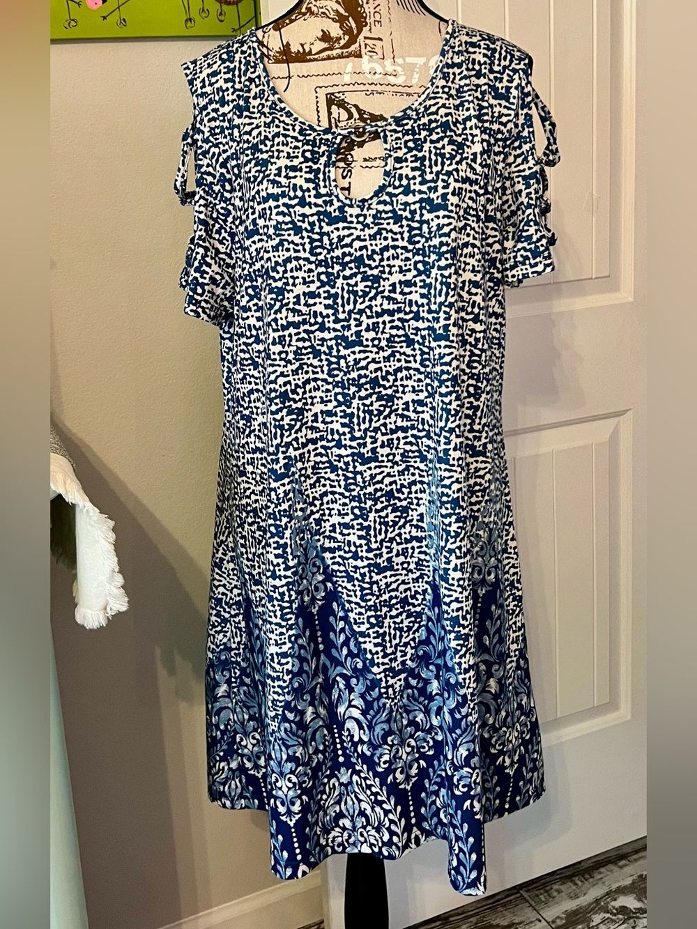 Blue White Cold Shoulder Swing Dress Keyhole Neckline Boho Coastal Dress